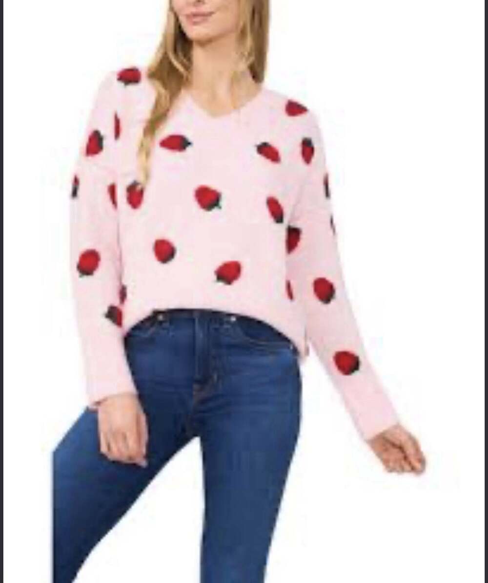 NWT CeCe Strawberry Jacquard V-Neck Sweater Pink Red Pullover Knit Small